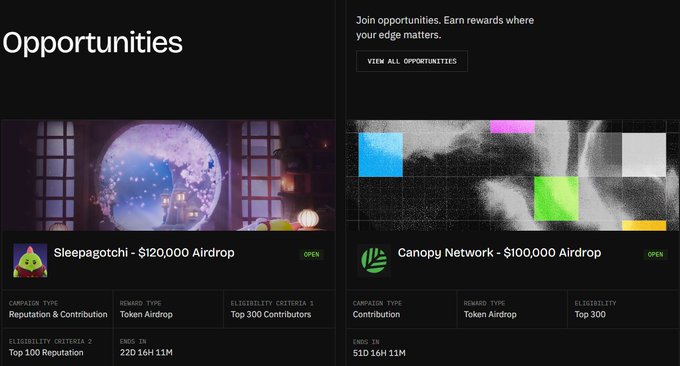 The image displays a webpage titled "Opportunities" featuring two active token airdrop campaigns: Sleepagotchi ($120,000 Airdrop, open to the top 300 contributors with the top 100 reputation) and Canopy Network ($100,000 Airdrop, open to the top 300 contributors), with both campaigns ending in 22D 16H 11M. The post highlights how Sleepagotchi and Canopy Network are actively building on the Nucleus ecosystem, with Season 2 encouraging users to explore and participate in these rewarding opportunities.