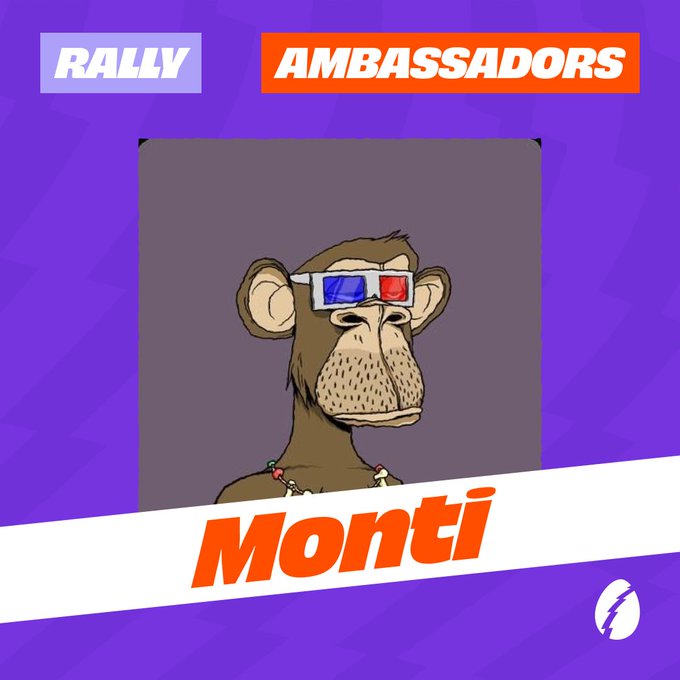 The image features a cartoon monkey wearing glasses and sunglasses with the text "Monti" written below its head, which could be either "Montti" or "Minnie". The background of the image is purple, and there are two lines of white text that read "Rally Ambassadors", indicating that this is an advertisement for a campaign.