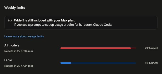A weekly limits usage dashboard for Claude Code showing 'All models' at 93% used and 'Fable' at 14% used, both resetting in 22 hours and 34 minutes.