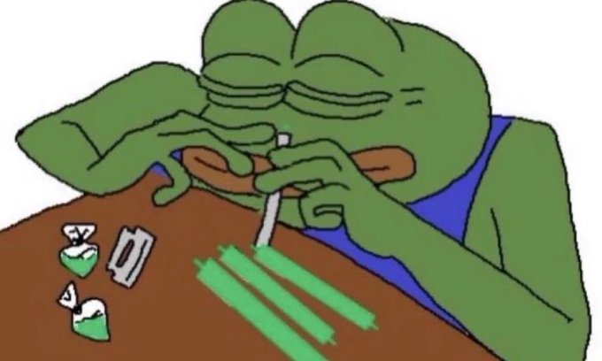 Cartoon illustration of a green frog character snorting white powder off a surface.