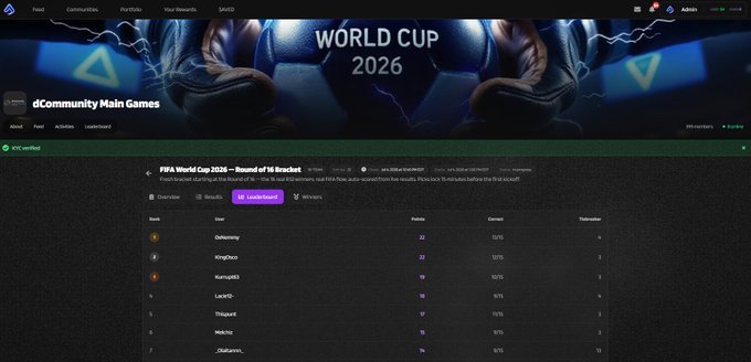 dCommunity Main Games webpage showing a FIFA World Cup 2026 bracket with players like DefiGuinea, KingOchi, and Kuntao81 listed.