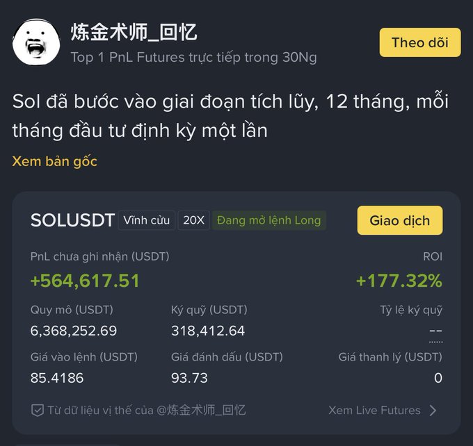 The image shows a Binance Futures leaderboard screenshot of a SOL/USDT long position with a 20X leverage, entered at $85.4186 and currently at $93.73, displaying an unrealized PnL of +$564,617.51 USDT and +177.32% ROI. The trader's account "炼金术师_回忆" boasts "Top 1 PnL Futures trực tiếp trong 30Ng" (Top 1 PnL Futures live in 30 days), celebrating the profitable long SOL trade highlighted in the accompanying post.