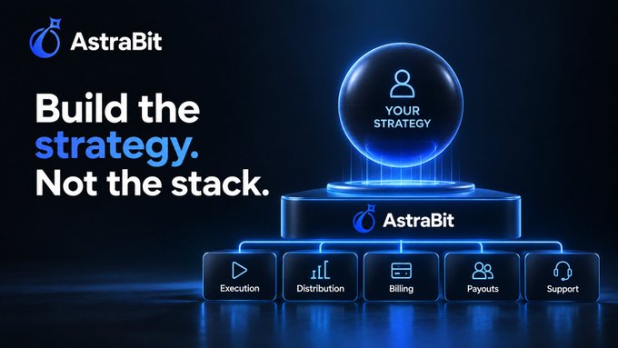 A promotional graphic for "AstraBit" featuring the text "Build the strategy. Not the stack." alongside a blue glowing sphere labeled "YOUR STRATEGY" and five buttons reading "Execution," "Distribution," "Billing," "Payouts," and "Support."