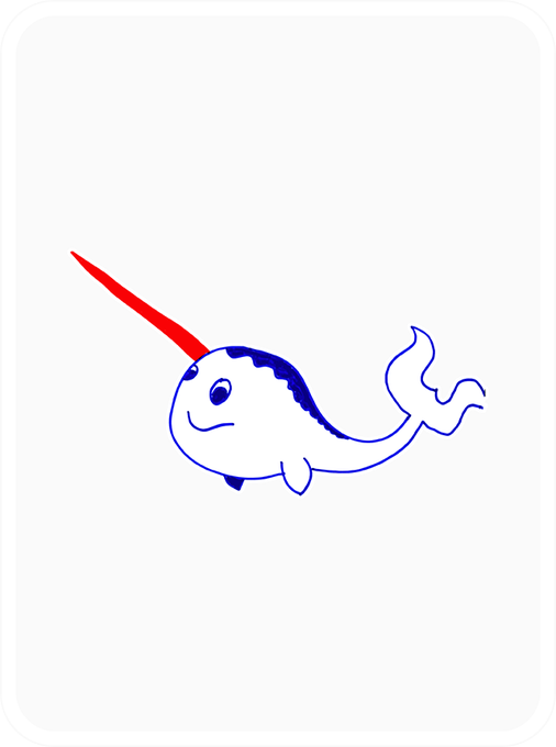 Simple blue line drawing of a smiling narwhal with a red horn, squirted or swimming on a white background.