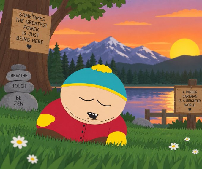 Cartman from South Park meditates peacefully in a grassy field at sunset beside signs reading "SOMETIMES THE GREATEST POWER IS JUST BEING HERE," "BREATHE TOUCH BE ZEN," and "A KINDER CARTMAN IS A BRIGHTER WORLD."

The image humorously riffs on the post's playful mention of "shutting the chain down" and "touching grass," using Cartman's zen retreat as a meme-style visual metaphor for taking a break from crypto trading to reconnect with the real world.