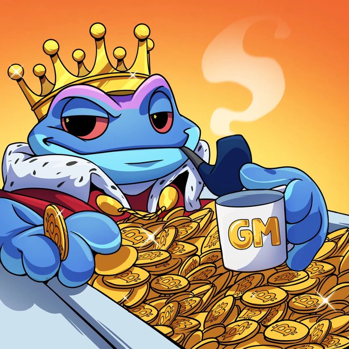 A smug, blue frog-like character wearing a golden crown and royal robe lounges luxuriously in a bathtub overflowing with gold coins, calmly smoking a pipe and holding a white mug emblazoned with "GM" in bold gold letters. The image perfectly matches the "GM 🐍 legends $SNEK" caption, embodying the crypto community's morning "GM" (good morning) greeting culture, with the crowned frog representing royalty and wealth while the "$SNEK" ticker suggests the character is the legendary mascot of a Snek-themed cryptocurrency project.