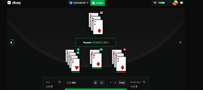 A screenshot of an online blackjack game on the Dicey platform showing a payout of CA$435 (1.32x) with the dealer holding an Ace of diamonds and the player holding a hand of 10 and Ace of diamonds.