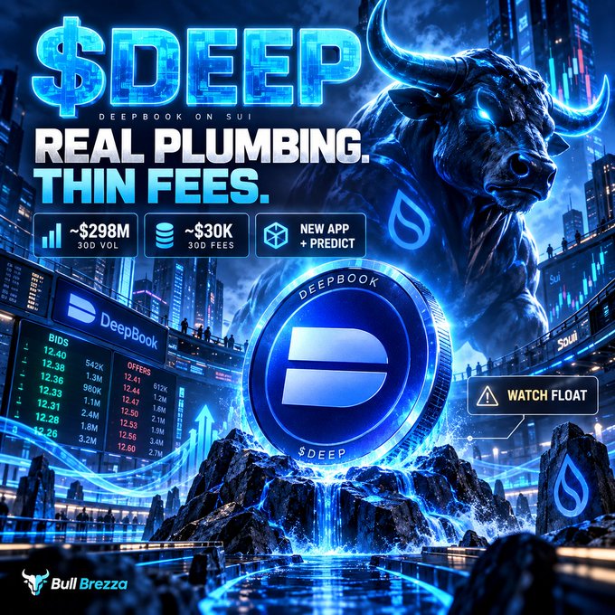 A promotional graphic for '$DEEP Deepbook on SUI' highlights 'REAL PLUMBING. THIN FEES,' displaying stats like ~$298M 30D VOL and ~$30K 30D FEES alongside a futuristic blue bull.