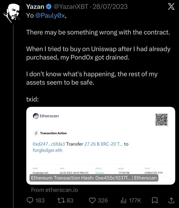 A screenshot of a tweet by Yazan (@YazanXBT) directed at @Pauly0x about a potential contract issue, showing an Etherscan transaction log of a 27.26 B ERC-20 T... transfer to forgeledger.eth.