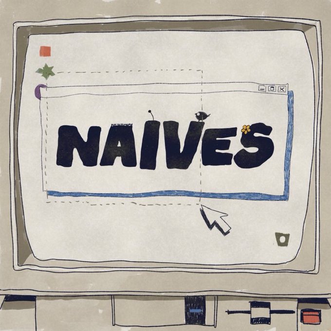 An illustration of an old computer monitor displaying a web browser window with the word 'NAIVES' spelled out in blocky black letters.