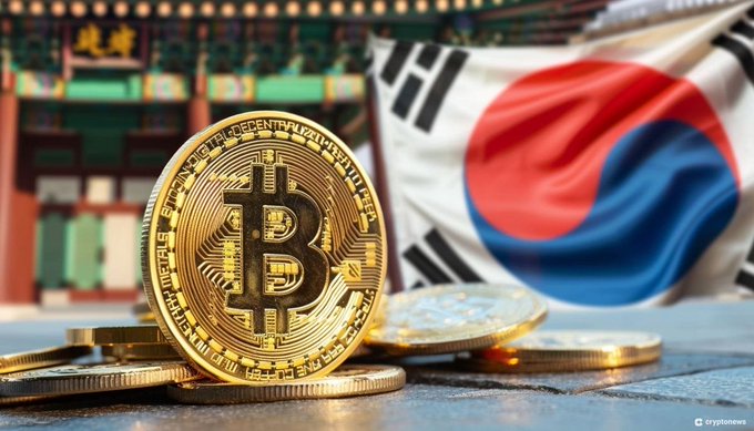 A gold Bitcoin coin sits on top of other coins with the South Korean flag waving in the background in front of a traditional building.