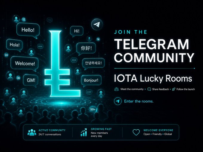 The image features a poster for an event called "IOTA Lucky Rooms". The poster includes a large blue letter "L" surrounded by smaller letters, symbolizing the concept of joining the IOTA community. The poster also displays various social media icons such as "Hello!", "Hola!", and "@iota", indicating that the event is related to the IOTA cryptocurrency network or blockchain technology. The text on the poster encourages attendees to join the IOTA community by sharing their feedback, asking questions, and helping shape the future of the GameFi dapp.