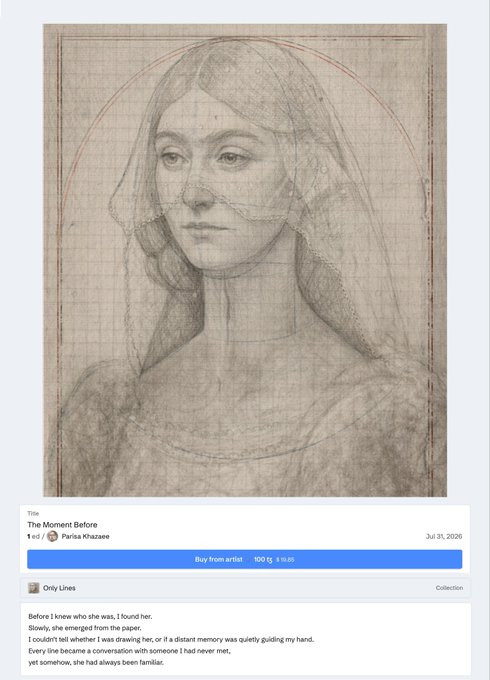 A pencil sketch titled 'The Moment Before' by Parisa Khazazeh, dated Jul 31, 2026, showing a portrait of a veiled woman above a short poem about memory.
