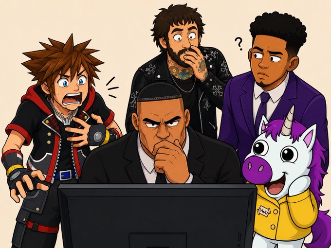 An animated illustration shows five characters—including a spiky-haired boy, a bearded man, a serious man in a suit, a man in a purple suit, and a purple-maned unicorn—gathered around a computer monitor with confused and shocked expressions.