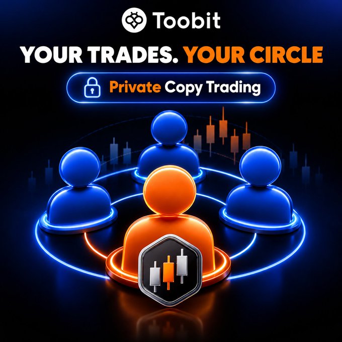 A promotional graphic for Toobit featuring the text 'YOUR TRADES. YOUR CIRCLE' and 'Private Copy Trading' with stylized blue and orange figures arranged around candlestick charts.
