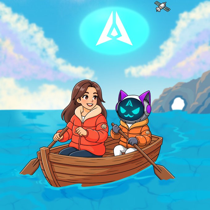 An illustrated image featuring a woman and a robot cat mascot rowing a small wooden boat across blue water, with the Avalanche (AVAX) cryptocurrency logo displayed prominently in the sky.
