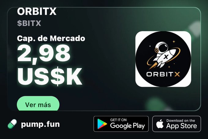 This image displays promotional information for the cryptocurrency ORBITX ($BITX), highlighting a market cap of 2,98 US$K and featuring its rocket logo, alongside buttons to "Ver más" and download the app from Google Play or the App Store.