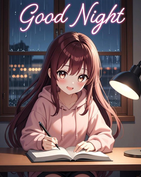 An anime-style illustration of a brown-haired girl writing in a notebook by a window at night, with 'Good Night' written in glowing pink neon text.
