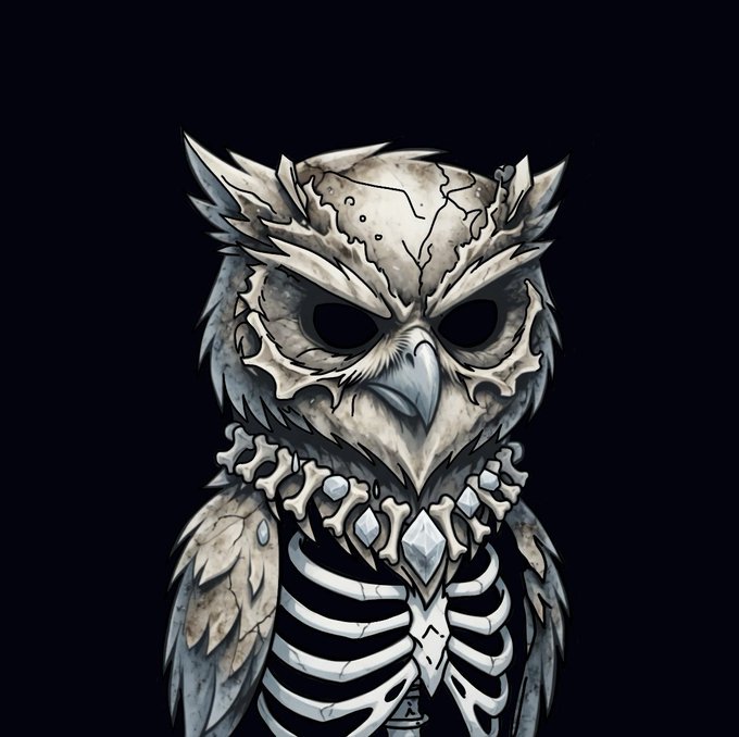 A digital illustration of an owl with a skull-like face, cracked bone-like feathers, and a visible skeletal ribcage against a dark background.