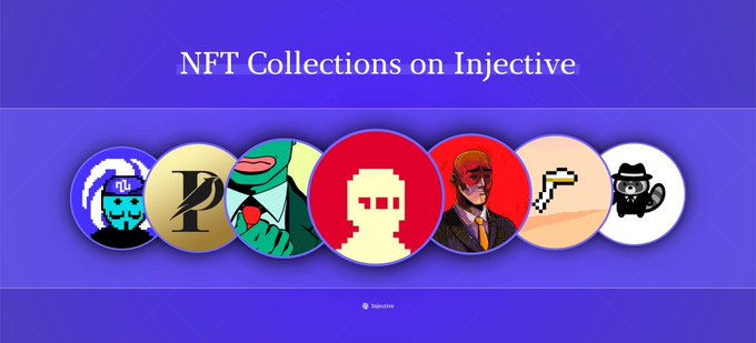 A promotional banner titled 'NFT Collections on Injective' displaying seven circular NFT artwork icons on a purple gradient background.