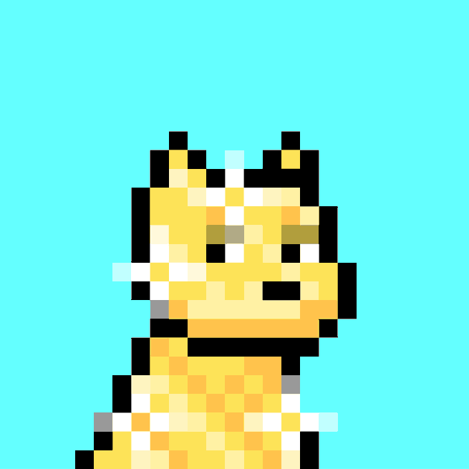 A low-resolution pixel art image depicting a yellow figure or character against a solid cyan background.