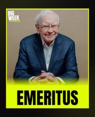 The image features a portrait of Warren Buffett with the "Big Week" logo in the top left and the word "EMERITUS" displayed prominently at the bottom, suggesting a retrospective or farewell feature on the legendary investor. The caption ties into the accompanying post about Buffett's timeless wisdom, specifically highlighting his quote that "the stock doesn't care that you own it," reinforcing the idea that investors should remain emotionally detached and objective when making market decisions.