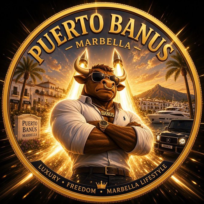 A circular emblem for "PUERTO BANUS MARBELLA" featuring a muscular bull wearing sunglasses and a white polo shirt, with rocket boosters on its horns, surrounded by scenes of luxury yachts, cars, and palm trees, labeled "LUXURY • FREEDOM • MARBELLA LIFESTYLE."