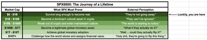 A chart titled 'SPX6900: The Journey of a Lifetime' showing market cap milestones ranging from $0-$1B ('Survive long enough to become real') to $10T+ ('Challenge how the world stores and assigns financial value'), with external perception quotes on the right and an arrow noting 'Luckily, you are here'.