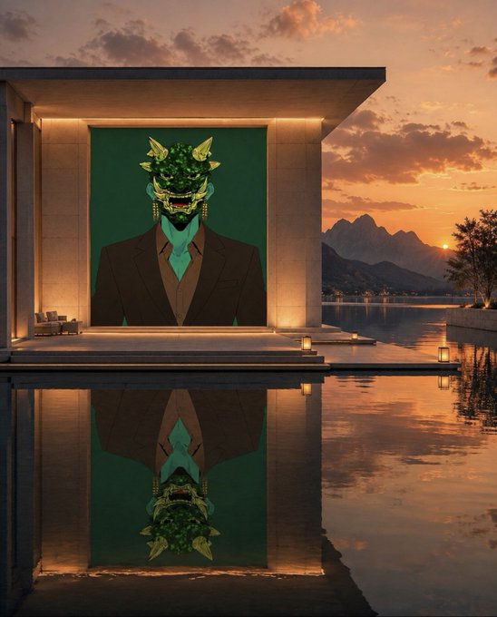 A figure wearing an ornate green dragon mask and tailored suit stands before a dramatic sunset and mountain backdrop, their image mirrored perfectly in the still water of an infinity pool below—evoking the mysterious, surreal aesthetic central to NFT art. The scene's blend of luxury and mythic symbolism visually reinforces the post's enduring optimism for the NFT community and its creative contributors.