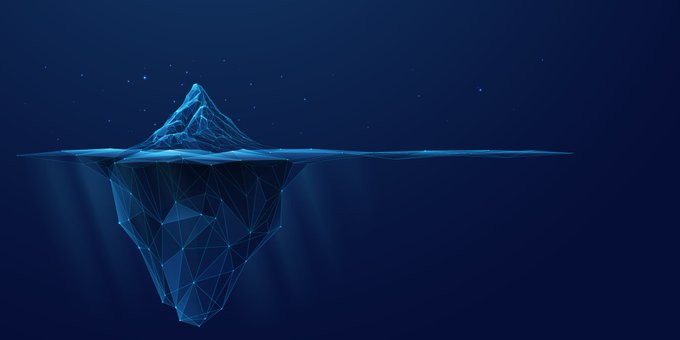 The image features an underwater scene with a large blue iceberg floating in the ocean. The iceberg appears to be composed of many small triangles, giving it a geometric appearance. The background of the image is dark blue, providing a stark contrast to the lighter elements within the frame. In the bottom right corner of the image, there is text that reads "The debate over whether Ethereum's success is tied to ?". This text seems unrelated to the main subject matter and could be considered an unnecessary detail in the context of the image.