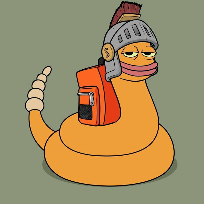 A cartoon illustration depicts an orange, coiled creature wearing a Roman-style helmet with a red plume and an orange backpack, with a stack of round segments forming its tail.