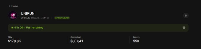 A cryptocurrency project page for UNIRUN showing FDV of $178.8K, $80,841 raised, 550 buyers, with 1h 20m 54s remaining, hosted on Cloud Launch.