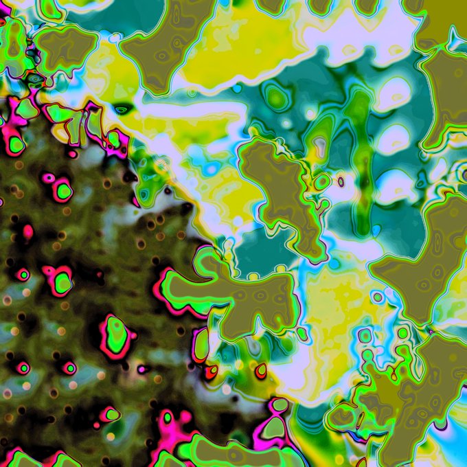 An abstract, psychedelic image with swirling patterns of green, yellow, white, and dark colors.