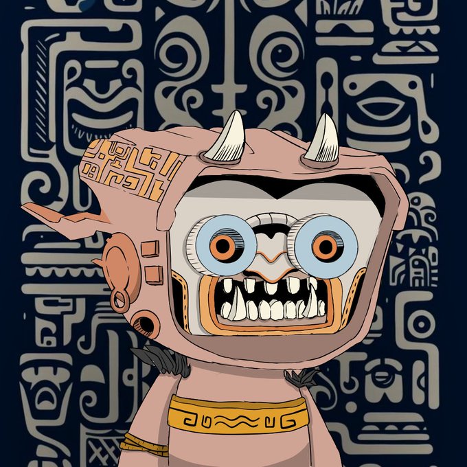 A cartoonish pink-skinned character with horns, large expressive eyes, and an open mouth showing sharp teeth wears a tribal-patterned headpiece, set against a dark background of Aztec/Mayan-inspired glyphs. The whimsical NFT-style artwork complements the "Gm" post from the OriginalBlokyz community, embodying the playful and tribal aesthetic common in their blockchain collectibles.