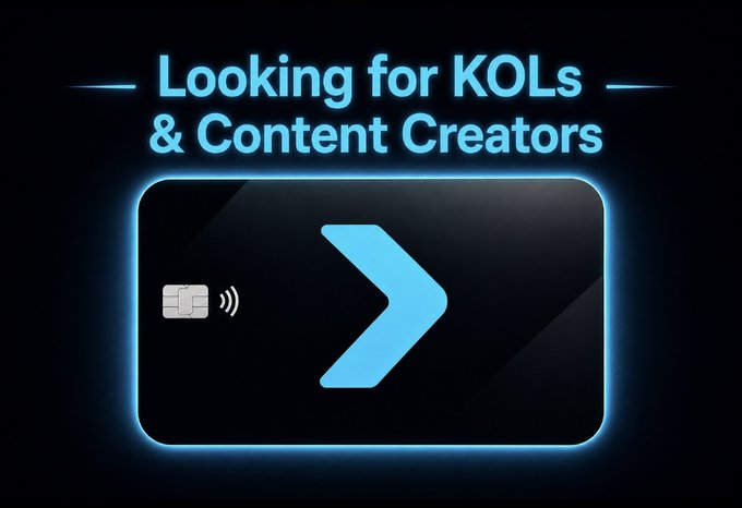 A neon-styled graphic displays 'Looking for KOLs & Content Creators' above a black credit card with a glowing blue chevron logo.