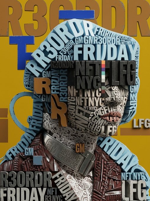 Digital artwork featuring a face composed entirely of the text 'R3ORD', 'FRIDAY', 'NFT NYC', 'GM', and 'LFG' set against a yellow background.
