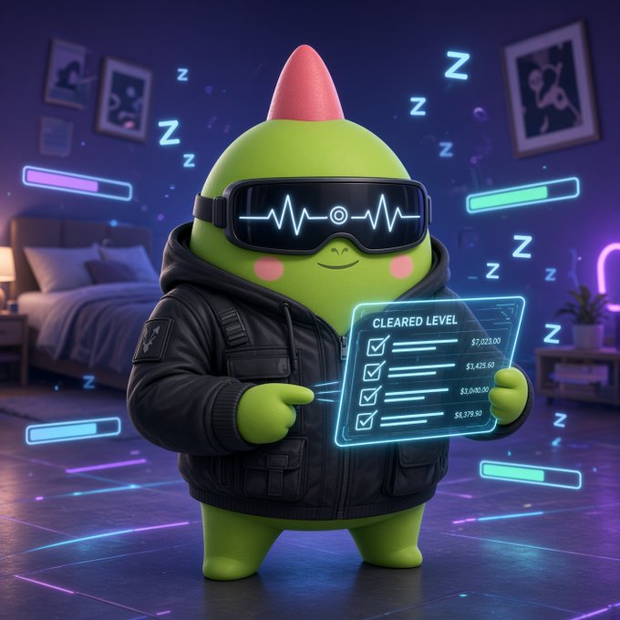 A digital illustration of a green, avocado-like cartoon character wearing black VR goggles and a black jacket, holding a holographic screen that reads 'CLEARED LEVEL' with a checklist of monetary values, surrounded by glowing 'Z's.