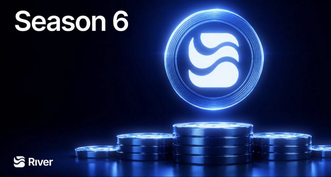 A promotional graphic for River's Season 6, featuring the "Season 6" text in the upper left, the River logo prominently displayed in a glowing blue coin in the center, and stacks of blue coins at the bottom with the "River" branding in the lower left corner—all reinforcing the staking and rewards theme of the final season ending September 30.