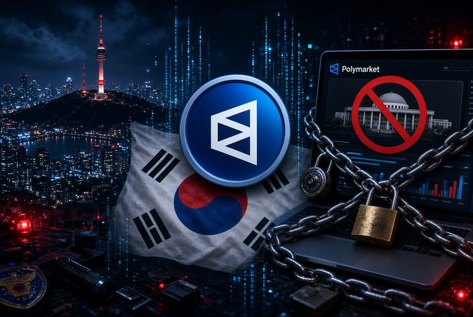 Composite digital art featuring the South Korean flag, a blue coin logo, chains with padlocks, and a laptop displaying 'Polymarket' with a prohibition symbol over a US government building, set against a night cityscape.