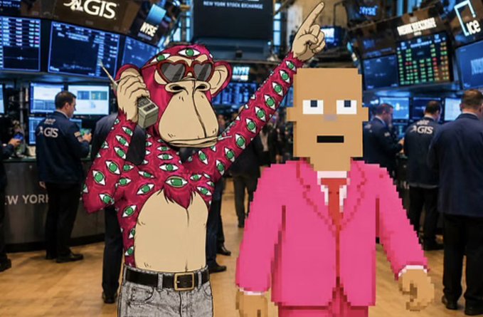 A surreal image on the New York Stock Exchange trading floor shows a cartoon monkey wearing sunglasses, a red patterned shirt, and a walkie-talkie standing next to a pixelated figure in a pink suit with a cardboard box head.