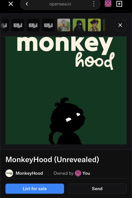 An OpenSea NFT listing page showing a dark green square image with 'monkey hood' text and a black pixelated monkey silhouette; the item is titled 'MonkeyHood (Unrevealed)', owned by 'You', with a 'List for sale' button.