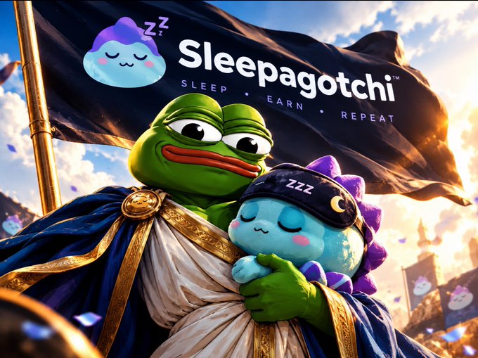 A promotional image for "Sleepagotchi" featuring a Pepe the Frog character dressed in royal robes holding a sleeping blue creature, with a "Sleep - Earn - Repeat" banner and flag in the background.