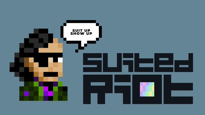 A pixel-art character wearing sunglasses and a green suit with a purple tie has a speech bubble reading "SUIT UP, SHOW UP," next to bold "SUITED APE" lettering, visually reinforcing the post's "Stay suited" message.