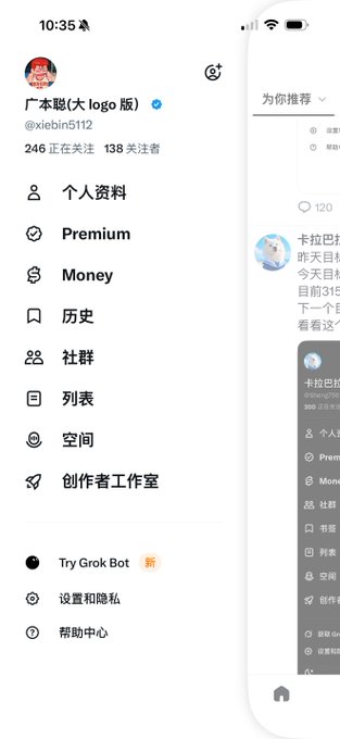 A Twitter (X) profile menu for @xiebin5112 with 246 followers, showing options like Premium, Money, and a "Try Grok Bot" feature. The post celebrates a previous day's strong performance and sets a new goal of 300, likely referring to follower growth or similar metric, using the hashtag #蓝朋友.