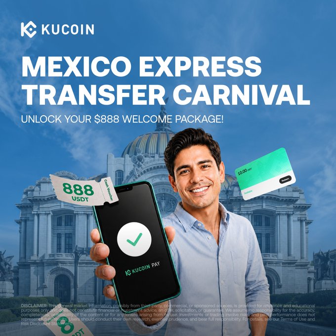 A promotional graphic for KuCoin's "Mexico Express Transfer Carnival" features a smiling man holding a smartphone displaying the KuCoin Pay app with a green checkmark, accompanied by floating graphics of "888 USDT" vouchers, all set against the backdrop of Mexico's iconic Palacio de Bellas Artes to highlight the $888 USDT welcome package for new users.