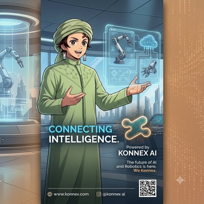 An anime-style character in traditional green attire presents holographic displays of robotic arms and AI interfaces, with the text "CONNECTING INTELLIGENCE. Powered by KONNEX AI" and tagline "The future of AI and Robotics is here. We Konnex." alongside a QR code and contact details for www.konnex.com. The illustration visually reinforces the post's message about Konnex AI's mission to unite AI, robotics, and blockchain into a cohesive ecosystem for autonomous systems.