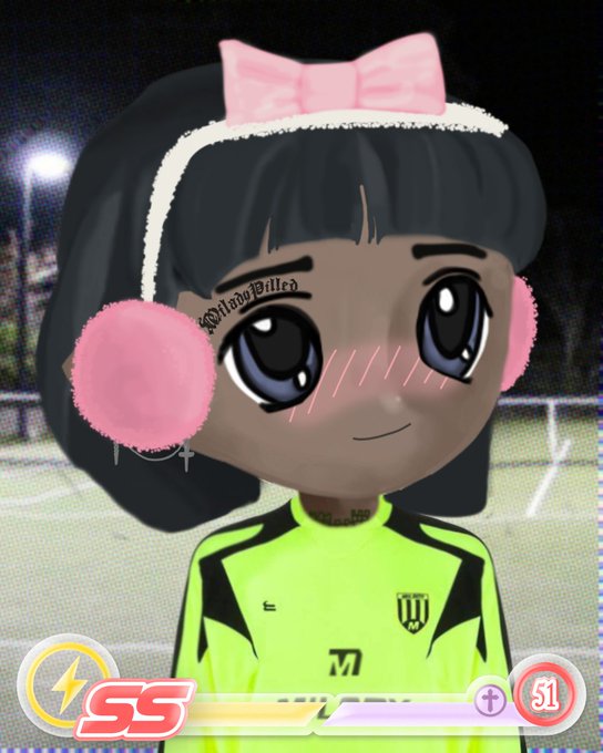 An animated chibi-style character with dark hair, pink earmuffs, and a pink bow wears a neon green and black sports jersey displaying 'SS', a 'M' logo, and the number '51'.