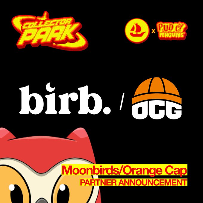 The image showcases logos for Collector Park, Pudgy Penguins, bird., and OCG (Orange Cap Games), alongside a cartoon owl mascot, with bold text announcing "Moonbirds/Orange Cap PARTNER ANNOUNCEMENT." It promotes a partner collaboration ahead of the NFT NYC event on 9/3 from 12p–8p ET, featuring these brands alongside OpenSea.