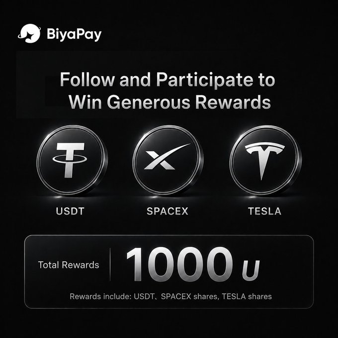 The image features an advertisement for BiyaPay, which promotes three cryptocurrencies: Bitcoin, Ethereum, and Ripple. The text encourages users to participate in a contest by following and sharing the post with their friends or family members. The post also mentions that there are limited-time rewards available, including USDT, SpaceX shares, and Tesla shares.