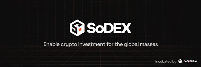 A promotional banner for SoDEX with the tagline 'Enable crypto investment for the global masses,' incubated by SoSoValue, displayed on a dark grid background.